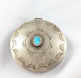Vintage Native American Navajo Sterling Silver W/ Turquoise Round Trinket Or Pill Box