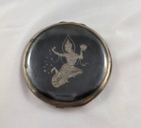 Vintage 1940's Thainakon Siam Sterling Silver Niello Compact Mirror Case From Thailand