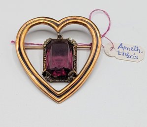 Art Deco Heart-shaped Brooch With Imitation Stones, Marked Sterling.