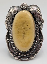 Native American Sterling Silver Scrimshaw Bear Carved Bone Or Ivory, Sterling Silver, Sign B. Begay Ring.