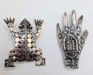 Sterling Silver Textured Frog And Hand Brooch