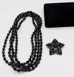 Vintage Black Jet Glass Necklace With Brooch