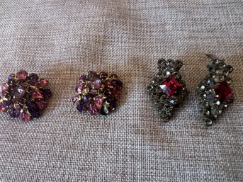 196) Vintage Pairs (2) Kramer Pink Rhinestone Cluster Clip-On Earrings ( Clip Missing One Pair) Diamond/ruby