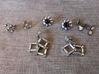 200) Vintage (4) Pairs Of Clip-On / Screw Backs Earrings Rhinestones, Tear Drop