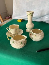 059) Set Of 4 Belleck Shamrock Pattern Including Pitcher, Cup And Saucer And Vase