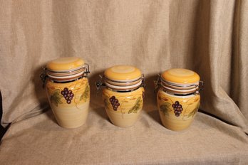 409) Set Of 3 Gibson Ceramic Hinged Jars Grape Motif ( No Chips)