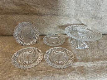 (#17) Glass Petite Pedestal Desert Plate 7.5' And 4 Dessert Plates 5.5'