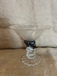 (#19) Signed Frosted Glass Bowl Sea Shells Pedestal Compote Dish