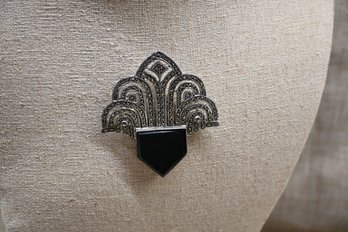 Art Deco Sterling Marcasite Design Black Onyx Stone Brooch Pin