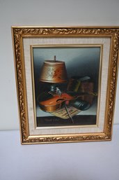 Gold Gilted Frame Vintage Frank Lean Oil Painting On Board Featuring A Violin Still Life