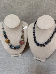 157) Vintage Stauet Gray Stone Bead Necklace 8' - Earth Tone Stone Bead Necklace Adj. 9' Silver Leather