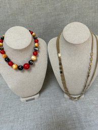 169) Vintage Multi Gold Tone Strand 25' - Red / Brown/ Yellow Beaded Choker Necklace 7.5'