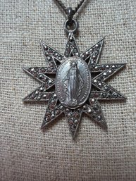 189) Vintage Silver Maronite Eight Pointed Star Pendant Religious Mother Mary And St. Marie Pendant