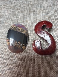 Wood S Pin And Oval Gemstone Pin Brooch