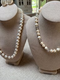 White Pearl Single Strand Necklace 10' AND Pearl Necklace Accent With Gold Plated / White / Frosted Beads 8'