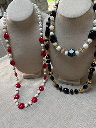 Black And Gold Tone Pearl Necklace 14' AND Red / White Gold Tone 17' AND Black / White  Gold Necklace 8'