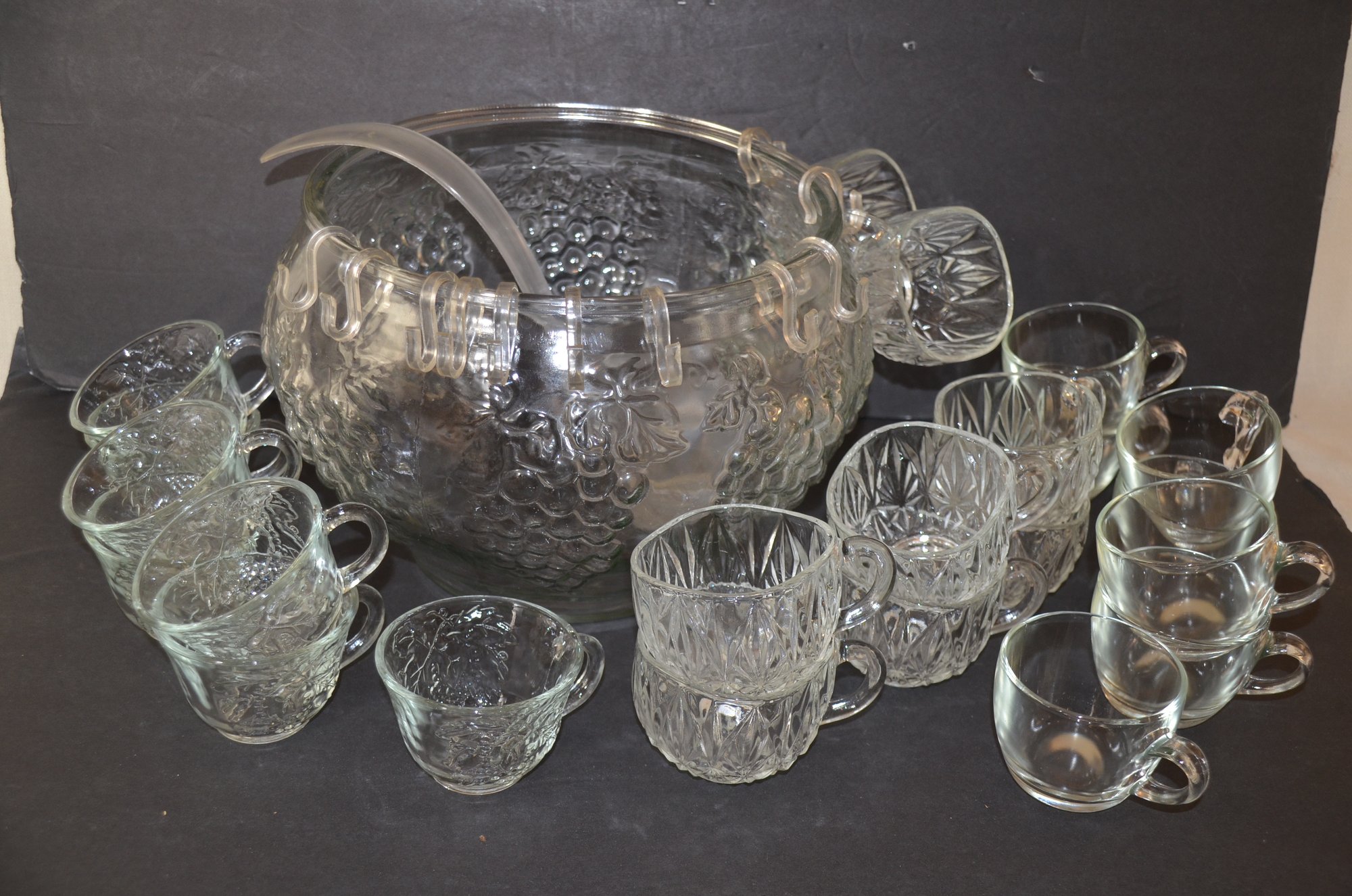 40) Vintage Glass Punch Bowl Set With 22 Assorted Punch Bowl Cups