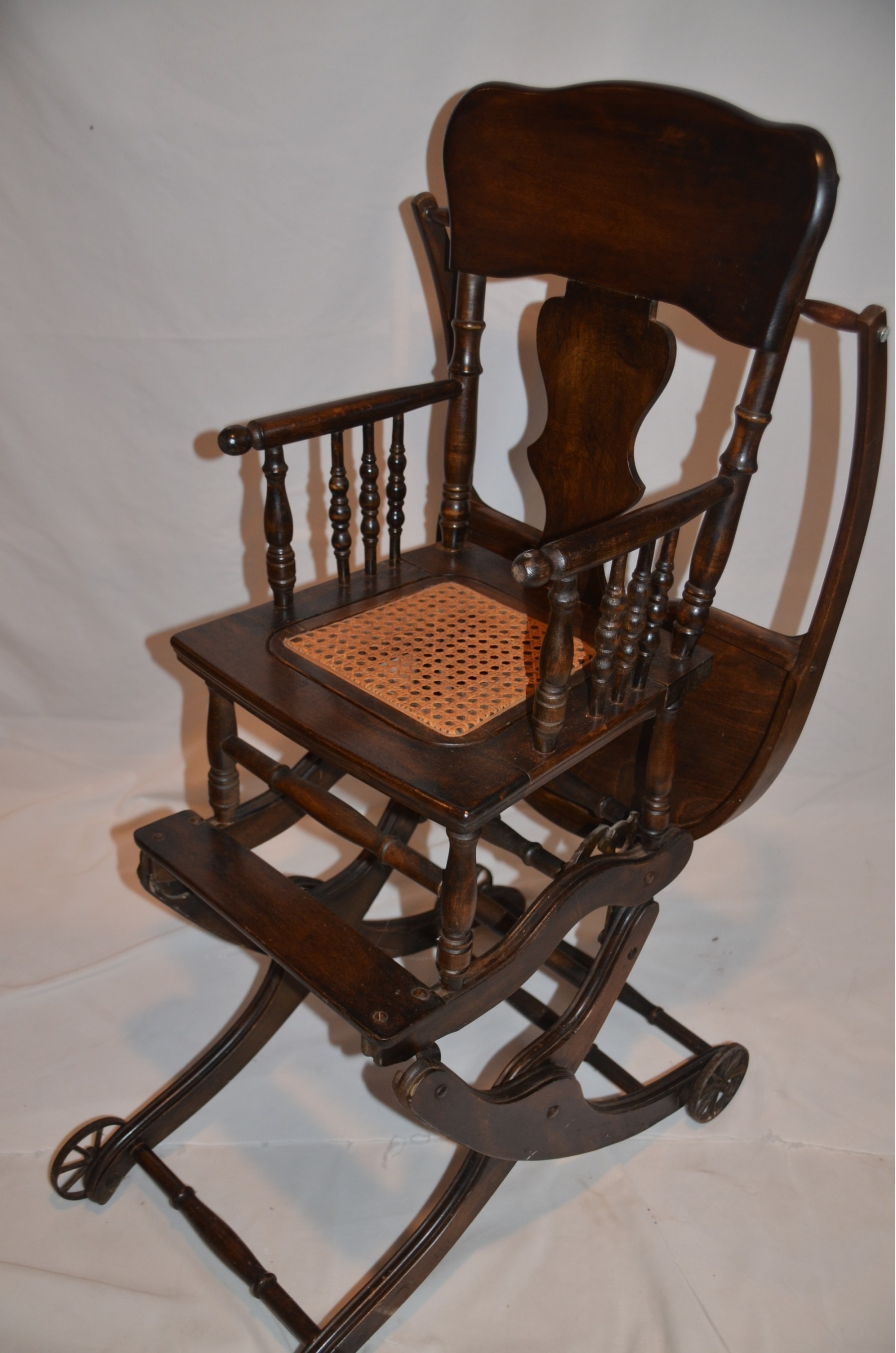 (#83) Antique Primitive USA Wicker Oak Convertible Baby High Chair ...