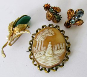Hattie Carnegie Leaf Form Brooch, Pair Of Austria Earrings And A Cameo