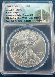 2017-W SILVER AMERICAN EAGLE $1 99.9 FINE SILVER COIN-WEST POINT MINT-SPECIAL EDITION #3127/3514-ANACS MS70