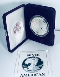 1990 US MINT SILVER AMERICAN EAGLE PROOF .999 ONE TROY OUNCE DOLLAR COIN W/ COA & CASE- BOX NOT INCLUDED