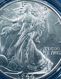1944 WALKING LIBERTY SILVER HALF DOLLAR COIN - BU/ BRILLIANT UNCIRCULATED! IN PLASTIC CAPSULE W/ COA