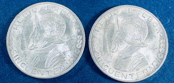 LOT (2) 1953 PANAMA 1/2 BALBOA SILVER COIN -50TH ANNIVERSARY INDEPENDENCE-  90 PERCENT SILVER