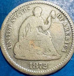 1872 SEATED LIBERTY SILVER HALF DIME COIN