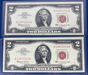 LOT (2) US CURRENCY-$2 DOLLAR SERIES 1963 RED SEAL US NOTES-CONSECUTIVE SERIAL NUMBERS - MINT CONDITION