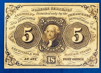 1862 U.S. 5 FIVE CENT POSTAGE- 1ST ISSUE FRACTIONAL CURRENCY NOTE - MINT CONDITION!