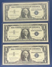 LOT OF (3) US $1 SILVER CERTIFICATES -1957, 1957A & 1957B SERIES-BLUE SEAL - US CURRENCY- CRISP