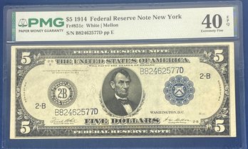 1914 $5 FEDERAL RESERVE NOTE - NEW YORK - FR. 851C- WHITE / MELLON - PMG GRADED - EXTREMELY FINE 40