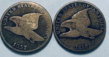 LOT (2) 1858 & 1859 FLYING EAGLE ONE CENT PENNY COINS
