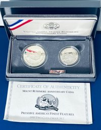 1991 MOUNT RUSHMORE ANNIVERSARY COIN SET- 2 COIN PROOF SILVER DOLLAR  & HALF DOLLAR COINS W/ BOX AND COA