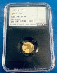 2026 NIIUE $1 DOLLAR GOLD COIN -SPINOSAURUS - REVERSE PF- NGC GRADED - PF 70