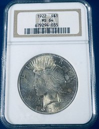1922 PEACE SILVER DOLLAR COIN- NGC GRADED MS 64