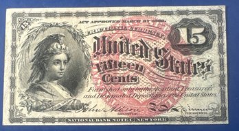 SERIES OF 1863 FRACTIONAL US CURRENCY- 15 FIFTEEN CENTS - RED SEAL - 4TH ISSUE - CIVIL WAR ERA