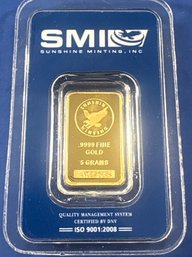 SUNSHINE MINTING 5 GRAM PURE .9999 FINE 24K GOLD - IN ASSAY CERTIFICATE CARDED