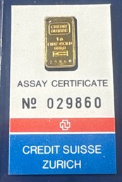 CREDIT SUISSE ZURICH 1 GRAM PURE .9999 FINE 24K GOLD - IN ASSAY CERTIFICATE CARDED