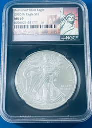 2020-W SILVER AMERICAN EAGLE $1 99.9 FINE SILVER COIN- BURNISHED SILVER EAGLE- NGC GRADED MS69