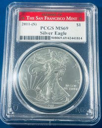 2011-S SILVER AMERICAN EAGLE $1 99.9 FINE SILVER COIN- SAN FRANCISCO MINT -PCGS GRADED MS 69