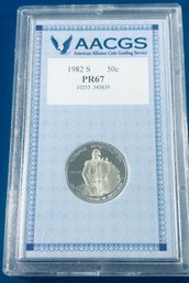 1982 PROOF GEORGE WASHINGTON COMMEMORATIVE 90 PERCENT SILVER HALF DOLLAR COIN-AACGS GRADED PR67
