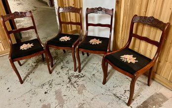 Four Vintage Chairs With Needlepoint Seat Upholstery
