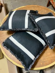 Three Decorative Black And White Silk Throw Pillows With Down And Feather Fill And Fringed Trim