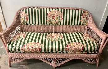 Vintage Wicker Settee Painted Pink With Striped Floral Fabric Upholstery