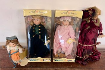 Four Porcelain Dolls, Two Boxed From The Noble Heritage Collection, One From Franklin Heirloom Dolls