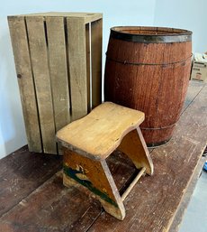 Vintage Wooden Stool, Barrel, And Crate