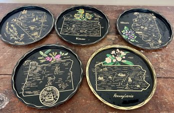 Collection Of Vintage Souvenir State Travel Metal Trays