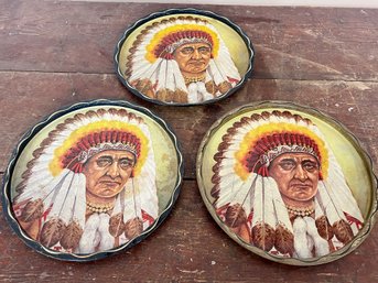 Collection Of Vintage Metal Serving Trays With A Native American Image