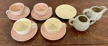Vintage Collection Of Russel Wright Iroquois Cups And Saucers And A Glidden Art Pottery Creamer Set